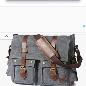 Stylish Gray Canvas Messenger Bag with Brown Accents‎ school work